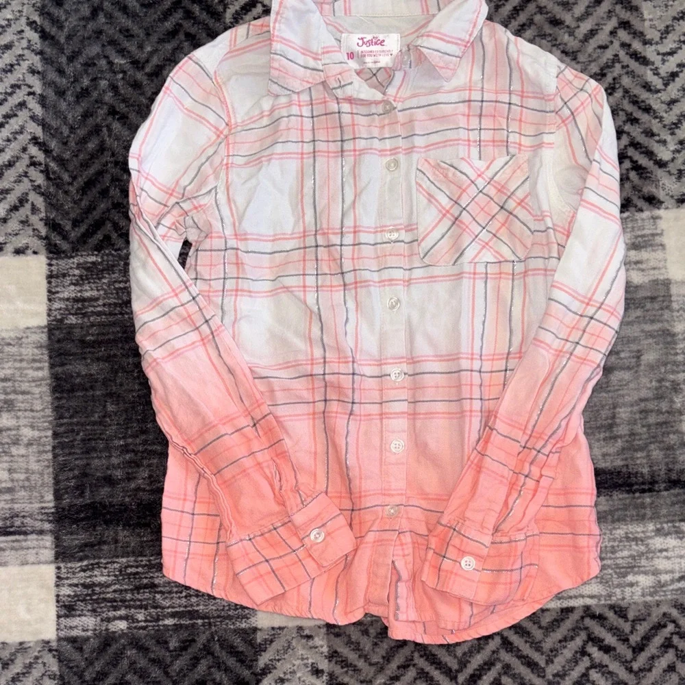 🦋Justice Pink Ombre Plaid Button-Down Shirt